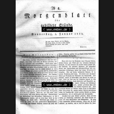 Morgenblatt 1832, 5 Januar, Nr. 4, Seite 13, Titelblatt mit Artikel „Der Politiker“. Das Digitale Bild / Foto der relativ wertvollen... Sammlung