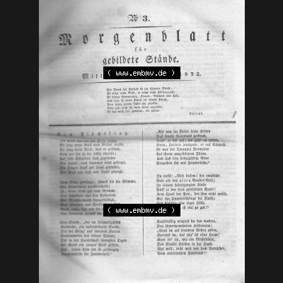 Morgenblatt 1832, 4 Januar, Nr. 3, Seite 9, Titelblatt. Das Digitale Bild / Foto der relativ wertvollen „Morgenblatt für gebildete Stände“-Zeitschrift... Sammlung