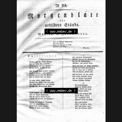 Morgenblatt 1832, Montag, 30. Januar, Nr. 25, Seite 97, Lied, Gedicht Strophen bzw. Ferse. Das Digitale Bild / Foto der relativ wertvollen... Sammlung