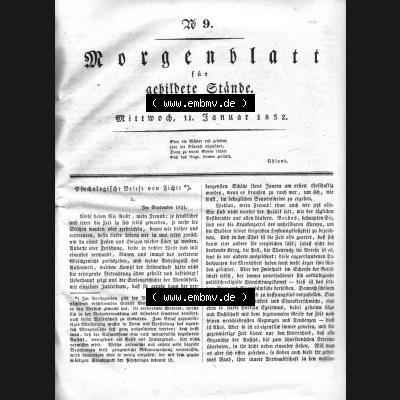 Morgenblatt 1832, Mittwoch, 11 Januar, Nr. 9, Seite 33, Psychologische Briefe von Fichte. Das Digitale Bild / Foto der relativ wertvollen „Morgenblatt... Sammlung