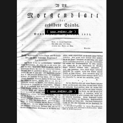 Morgenblatt 1832, Donnerstag, 26 Januar, Nr. 22, Seite 85, Welche Anhaltspunkte liefern Sagen und Geschichte. Das Digitale Bild / Foto der relativ wertvollen... Sammlung
