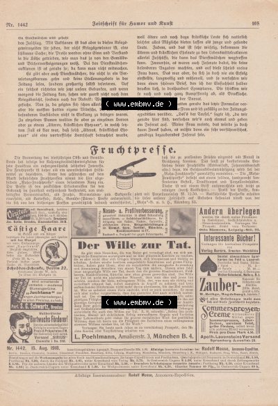 Meggendorfer-Blätter 1919, Nr. 1442, vom 15. August 1919 Seite 105, Ein Dienstmädchen wird gesucht, Werbung für Fruchtpresse Sammlung