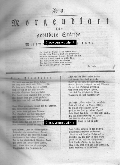 Morgenblatt 1832, 4 Januar, Nr. 3, Seite 9, Titelblatt. Sammlung