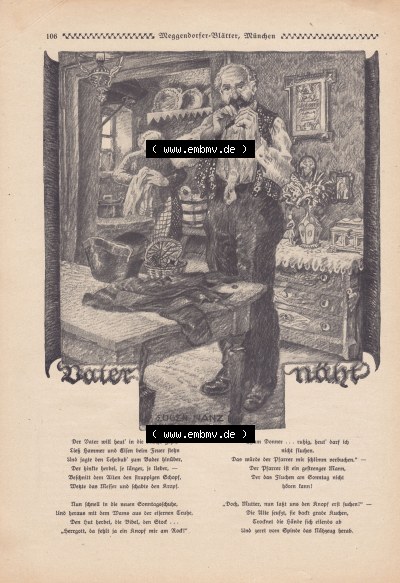 Meggendorfer-Blätter 1917, Nr. 1403, vom 15. November 1917 Seite 106, Vater näht, Vater will heut in die Kirche gehen. Sammlung