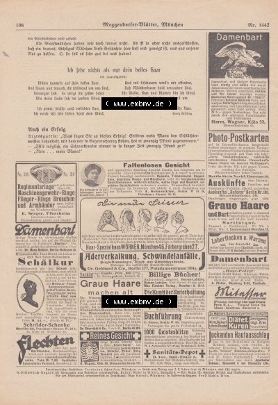 Meggendorfer-Blätter 1919, Nr. 1442, vom 15. August 1919 Seite 108, Ich lebe nichts als nur dein helles Haar, Werbung Damenbart Sammlung