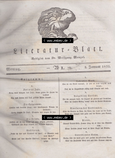 Morgenblatt 1832, 2 Januar, Nr 1, Seite 1, Literatur-Blatt. Sammlung