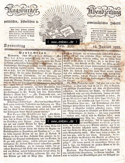1832, 166, Donnerstag 14. Juni, Augsburger Abendzeitung Seite 657. Sammlung