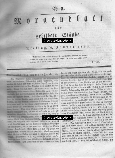 Morgenblatt 1832, 6 Januar, Nr. 5, Seite 17, Artikel „Für deutsche Fußreisende in Frankreich“. Sammlung