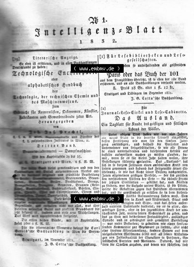 Morgenblatt 1832, 7 Januar, Nr. 1, Seite 1, Intelligenz-Blatt, Technologische Encyklopädie. Sammlung