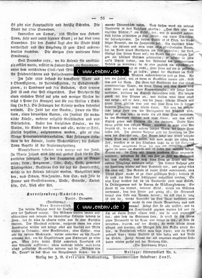 Morgenblatt 1832, Montag, 23 Januar, Nr. 19, Seite 76, Vom Diemens Land und Korrespondenz Nachrichten. Sammlung