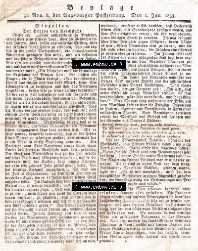 1833, 1. Januar 1833 Nro. 1. Beilage zu Augsburger Postzeitung Sammlung