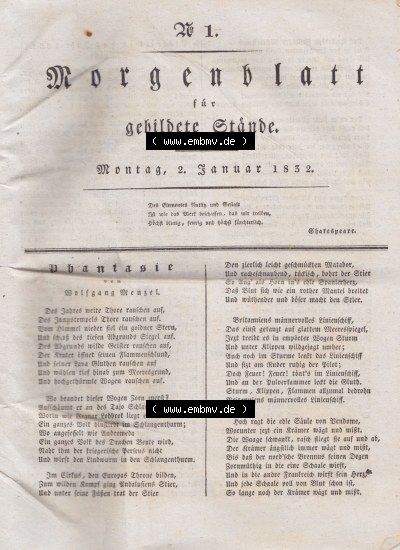 Morgenblatt 1832, 2 Januar, Nr 1, Seite 1, Titelblatt. Sammlung