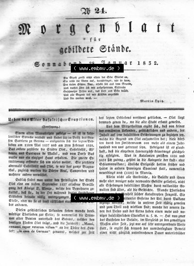 Morgenblatt 1832, Sonnabend, 28 Januar, Nr. 24, Seite 93, Über das Alter der basaltischer Eruptionen. Sammlung