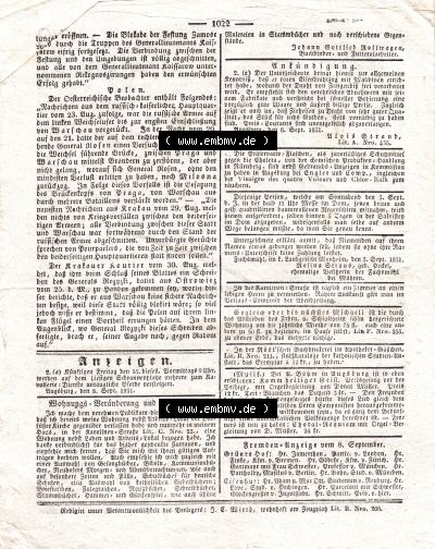 1831, 251, Donnerstag 8. September, Augsburger Abendzeitung Seite 1022 (1). Sammlung