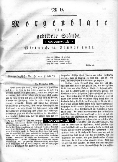 Morgenblatt 1832, Mittwoch, 11 Januar, Nr. 9, Seite 33, Psychologische Briefe von Fichte. Sammlung