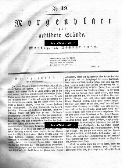Morgenblatt 1832, Montag, 23 Januar, Nr. 19, Seite 73, Waldgespenst, Ein Märchen. Sammlung