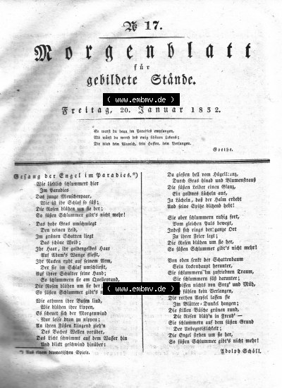 Morgenblatt 1832, Freitag, 20 Januar, Nr. 17, Seite 65, Gesang der Engel im Paradies. Sammlung