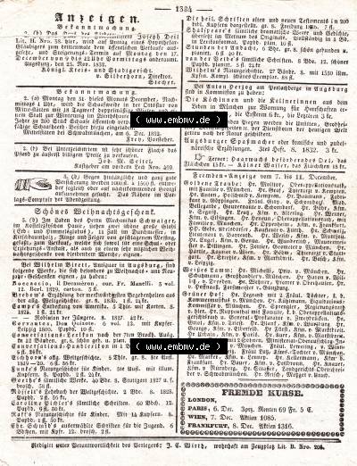 1832, Nro / Nr 346, Dienstag 11 Dezember, Augsburger Abendzeitung Seite 1384 (1). Sammlung