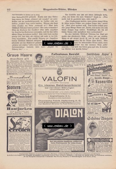 Meggendorfer-Blätter 1917, Nr. 1403, vom 15. November 1917 Seite 112, Dialon, Werbung, Feines Einstreupulver für kleine Kinder. Sammlung