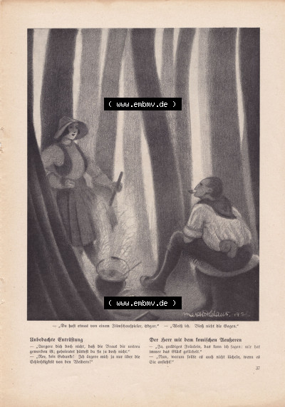 Meggendorfer-Blätter 1922, Nr. 1634, vom 20 April 1922, Seite 37, Unbedachte Entrüstung, Zeichnung, Frau und Mann. Sammlung