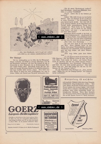Meggendorfer-Blätter 1922, Nr. 1634, vom 20 April 1922, Seite 44, Goerz Largon-Brillengläser - Werbung, Artikel Der Papagei. Sammlung
