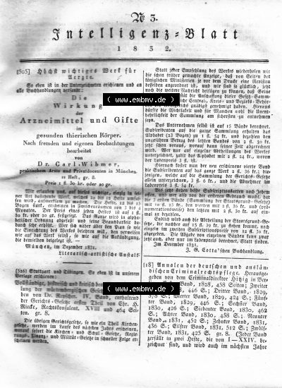 Morgenblatt 1832, Sonnabend 28 Januar, Nr. 5, Seite 9, Intelligenz-Blatt, Die Wirkung von Arzneimittel und Gifte. Sammlung