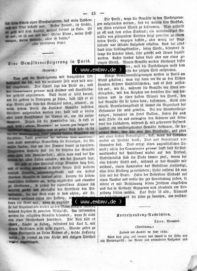 Morgenblatt 1832, 5 Januar, Nr. 4, Seite 15, Artikel „Eine Gemälde-Versteigerung in Paris“. Sammlung