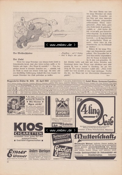 Meggendorfer-Blätter 1922, Nr. 1634, vom 20 April 1922, Seite 42, Der Meisterschieber, Der Dusel, Werbung für Dr. 4ling Seife. Sammlung