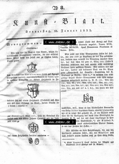 Morgenblatt 1832, Donnerstag 26 Januar, Nr. 8, Seite 29, Kunst-Blatt, Monogrammen - Kunde. Sammlung