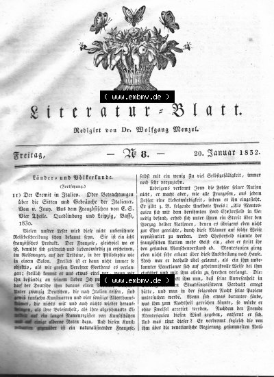 Morgenblatt 1832, Freitag 20 Januar, Nr. 8, Seite 29, Literatur-Blatt mit Länder und Völkerkunde. Sammlung