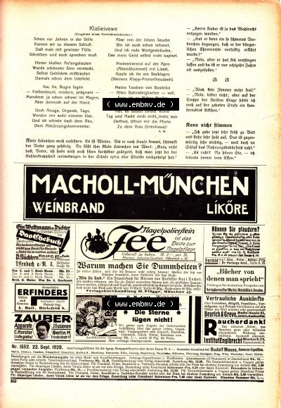 Meggendorfer-Blätter 1920, Nr. 1552, Seite 202, Klalieivewe und Macholl-München-Werbung Sammlung