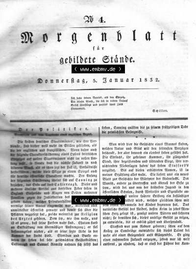 Morgenblatt 1832, 5 Januar, Nr. 4, Seite 13, Titelblatt mit Artikel „Der Politiker“. Sammlung