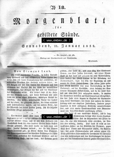 Morgenblatt 1832, Sonnabend, 21 Januar, Nr. 18, Seite 69, Vom Diemens Land. Sammlung
