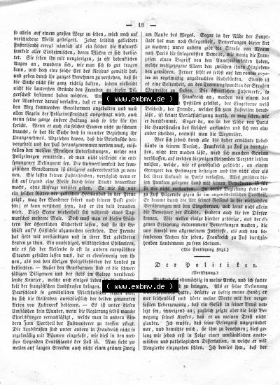 Morgenblatt 1832, 6 Januar, Nr. 5, Seite 18, Artikel „Für deutsche Fußreisende in Frankreich“ und „Der Politiker“. Sammlung