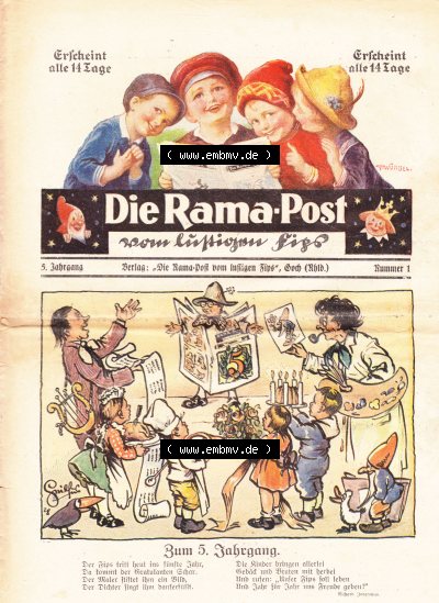 Die Rama-Post vom lustigen Fips, 1929, 1930, 5. Jahrgang, Nr. 1 Seite 1, Zum 5. Jahrgang, Die Rama-Post Sammlung