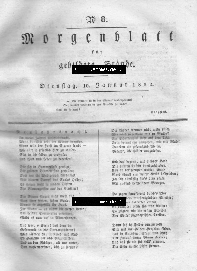 Morgenblatt 1832, Dienstag, 10 Januar, Nr. 8, Seite 29, Neujahresnacht. Sammlung