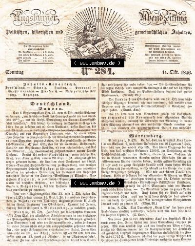 1846, 284, Sonntag 11. Oktober, Augsburger Abendzeitung Seite 1643 (1). Sammlung