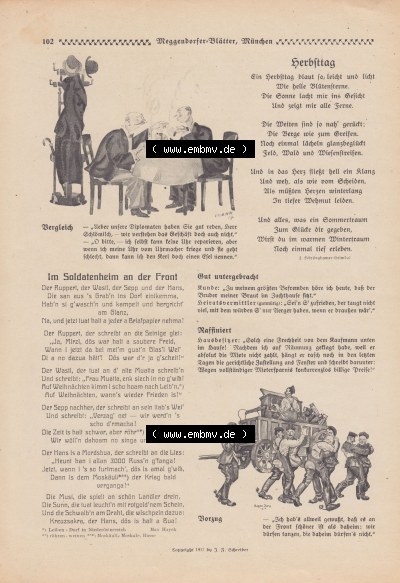 Meggendorfer-Blätter 1917, Nr. 1403, vom 15. November 1917 Seite 102, Herbsttag, Im Soldatenheim an der Front. Sammlung