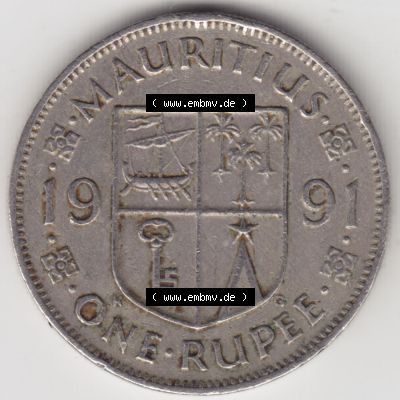 Münzen Afrika Mauritius Umlaufmünzen 1987-2010, 1 Rupie, 1 Rupee 1991. Vorderseite einer Münze aus Mauritius, Mauritius befindet sich auf dem Kontinent Afrika.... Sammlung