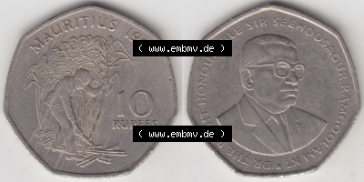 Münzen Afrika Mauritius Umlaufmünzen 1997-2000, 10 Rupien, Rupees 1997. Vorderseite und Rückseite nebeneinander auf einen Digitalen... Sammlung