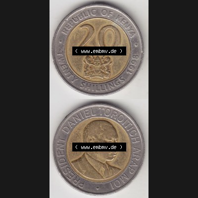 Münzen Afrika Kenia Umlaufmünzen 1998-1998, 20 Schilling - Shillings 1998. Vorderseite und Rückseite vertikal untereinander auf einen Digitalen Bild einer Münze aus Kenia,... Sammlung