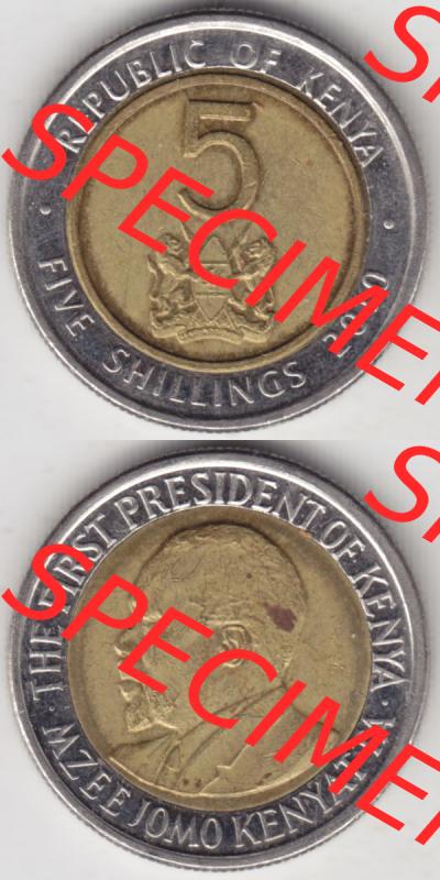 Münzen Afrika Kenia Umlaufmünzen 2010-2010, 5 Schilling - Shillings 2010. Vorderseite und Rückseite vertikal untereinander auf einen Digitalen Bild einer Münze aus Kenia,... Sammlung