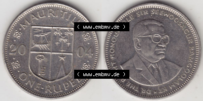 Münzen Afrika Mauritius Umlaufmünzen 1987-2010, 1 Rupie, One-Rupee 2004. Vorderseite und Rückseite nebeneinander auf einen... Sammlung