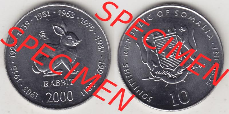 Münzen Afrika Somalia Lunar Gedenkmünzen 2000-2000, 10 Schilling mit Chinesischen Tierkreiszeichen 2011 Hase - Rabbit. Vorderseite und Rückseite nebeneinander auf einen Digitalen... Sammlung