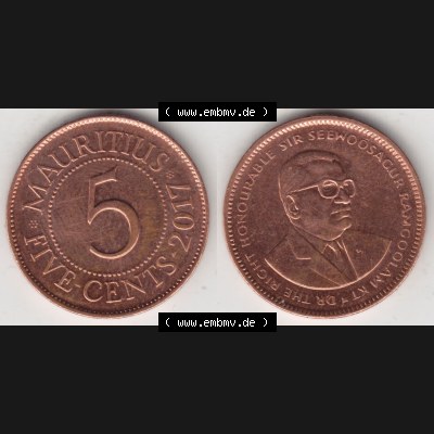 Münzen Afrika Mauritius Umlaufmünzen 1987-2017, 5 Cent 2017. Vorderseite und Rückseite nebeneinander auf einen Digitalen Bild einer Münze aus Mauritius, Mauritius... Sammlung