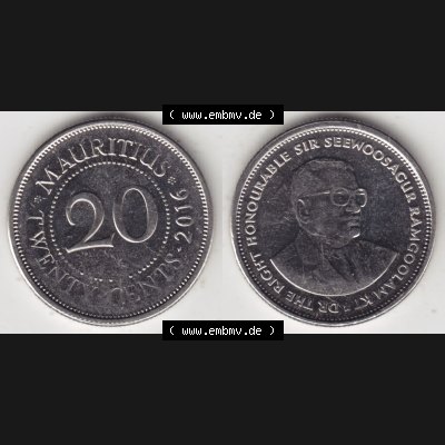 Münzen Afrika Mauritius Umlaufmünzen 1987-2016, 20 Cent 2016. Vorderseite und Rückseite nebeneinander auf einen Digitalen Bild einer Münze aus Mauritius, Mauritius... Sammlung
