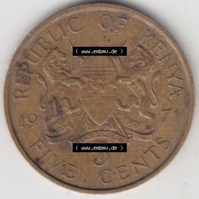 Münzen Afrika Kenia Umlaufmünzen 1969-1978, 5 Cent des Schillings 1971. Vorderseite einer Münze aus Kenia, Kenia befindet sich auf dem Kontinent Afrika. Hier befindet... Sammlung