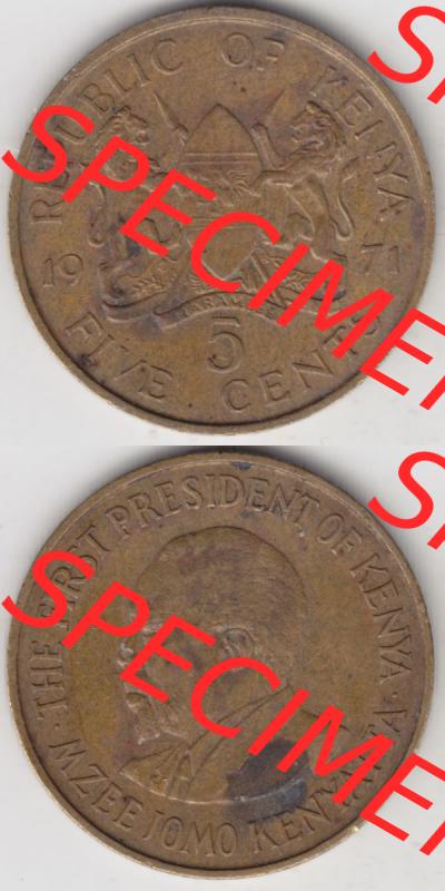 Münzen Afrika Kenia Umlaufmünzen 1969-1978, 5 Cent des Schillings 1971. Vorderseite und Rückseite vertikal untereinander auf einen Digitalen Bild einer Münze aus Kenia,... Sammlung