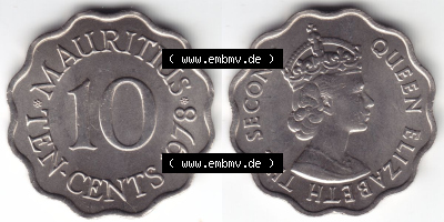 Münzen Afrika Mauritius Umlaufmünzen 1954-1978, 10 Cent 1978. Vorderseite und Rückseite nebeneinander auf einen Digitalen Bild... Sammlung