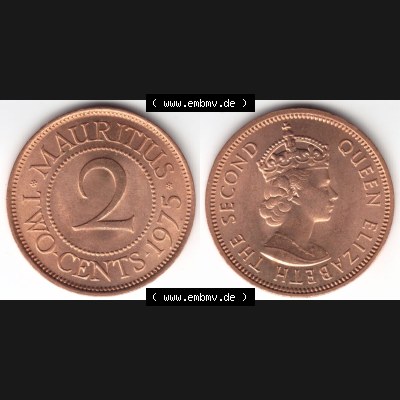 Münzen Afrika Mauritius Umlaufmünzen 1953-1978, 2 Cent 1975. Vorderseite und Rückseite nebeneinander auf einen Digitalen Bild einer Münze aus Mauritius, Mauritius... Sammlung